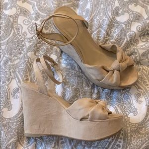 Wild Diva Suede Open Toe Wedges in Tan